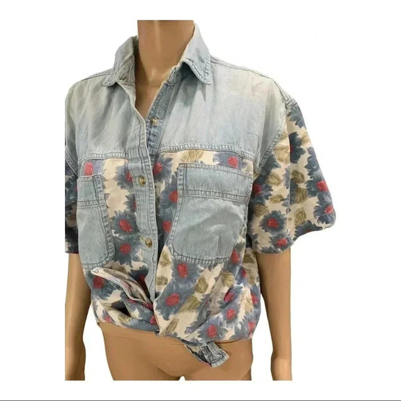 Vintage Quizz Floral grandma core chambray oversized Denim Shirt - Picture 1 of 10